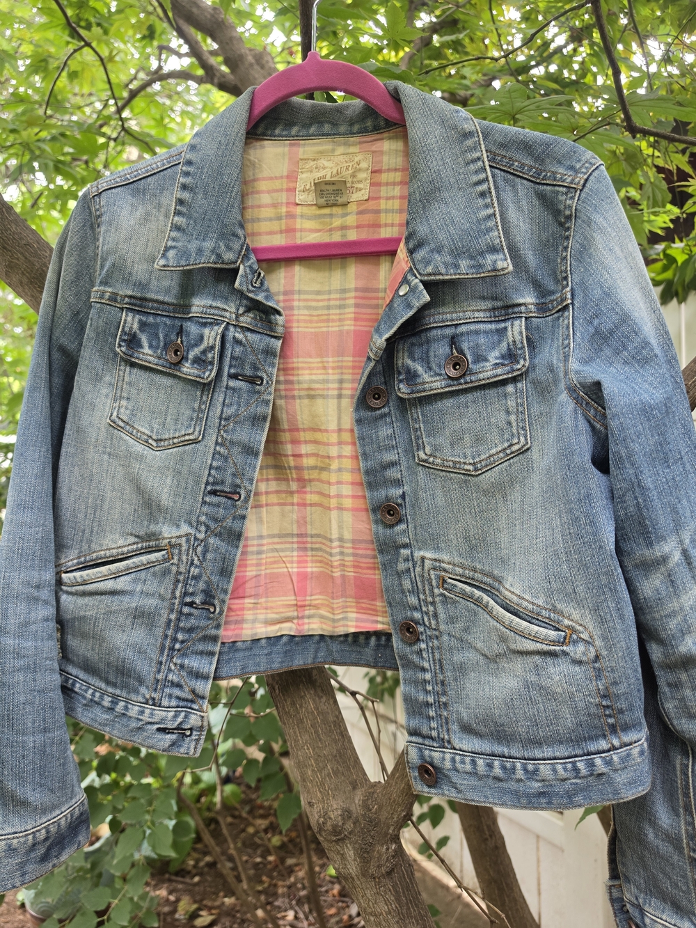 Ralph Lauren Light Wash Denim Jacket with Pink Plaid Lining